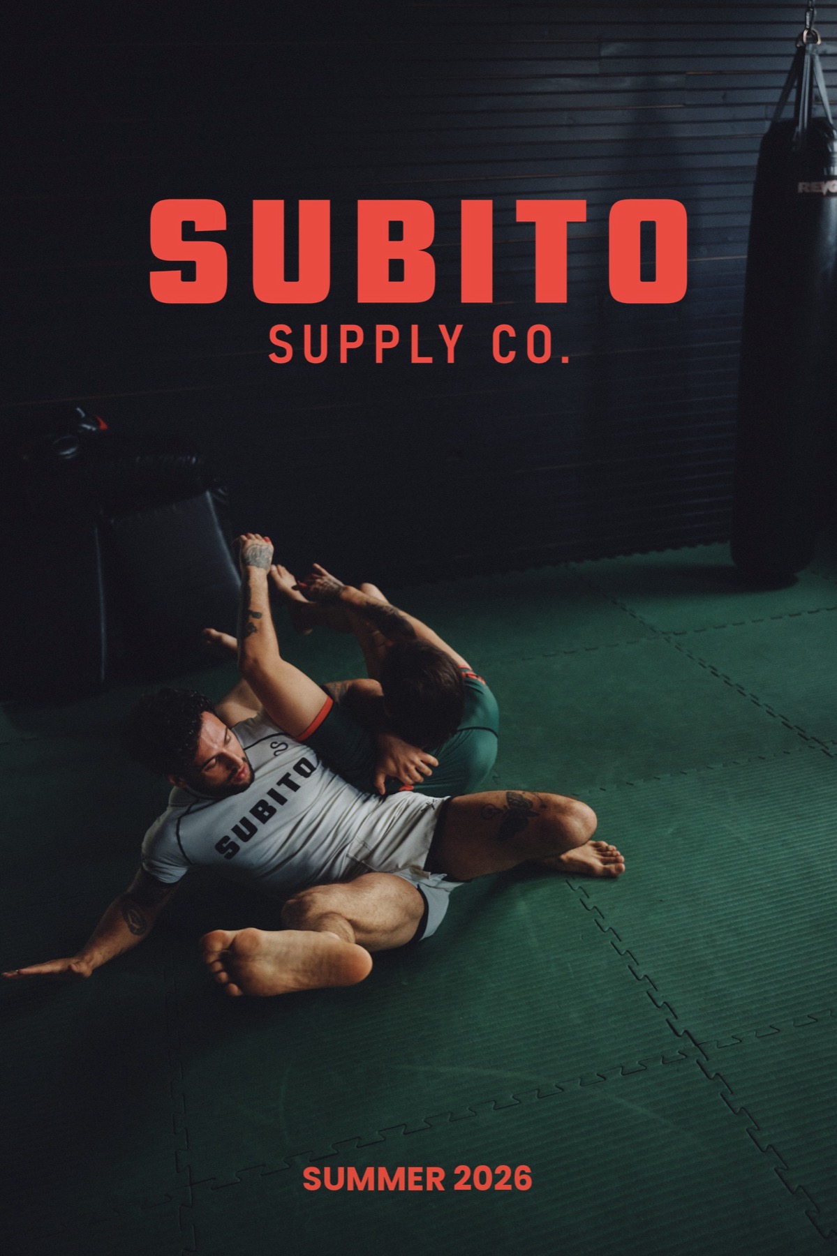 Two athletes grappling on green mats