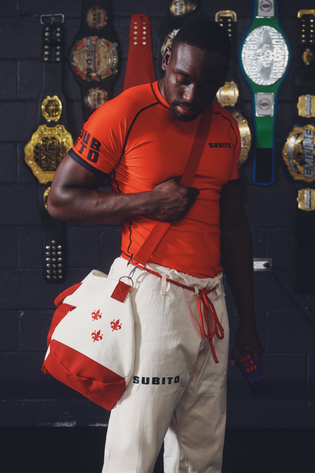 Athlete in red Subito gear, studio shot